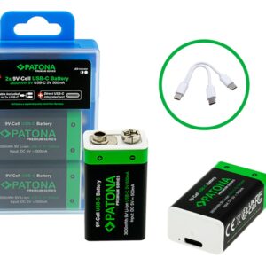 Premium USB-C 2x 9 Volt block batteries 6F22 Lithium 3600mWh 1.5V rechargeable with 1 to 2 USB-C charging cable